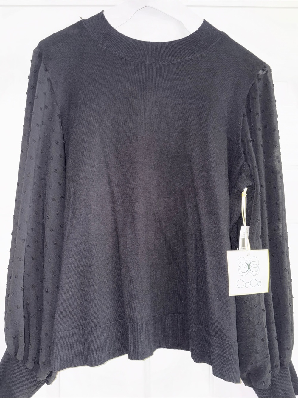 CeCe Black Knit Pullover with Dotted Sheer Sleeves